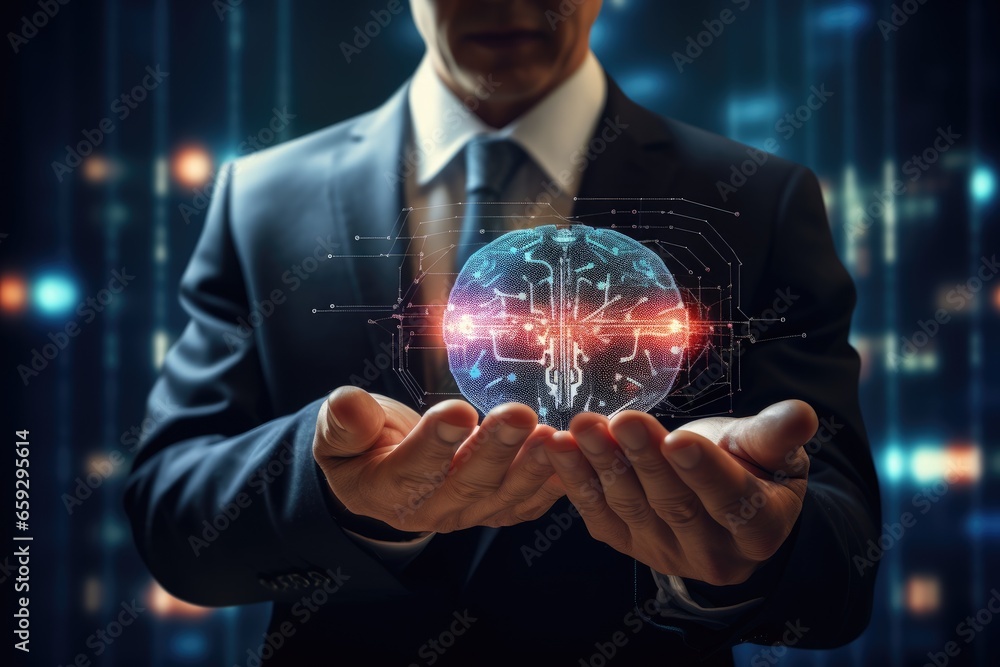 Poster close up of businessman holding digital brain in palm. artificial intelligence concept, businessman 