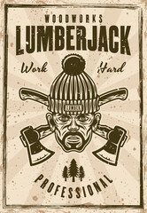 Lumberjack and woodworks poster in vintage colored style. Vector illustration with grunge textures and text on separate layers