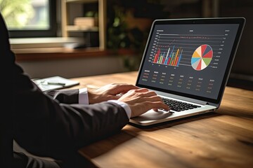 business, people, statistics and technology concept - close up of businessman with laptop computer and charts on screen at office, Businessman hand using laptop and dartboard, AI Generated