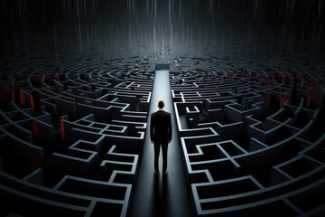 Businessman standing in the middle of a maze, 3D rendering, Businessman standing in front of a large maze on a Black background, AI Generated - obrazy, fototapety, plakaty