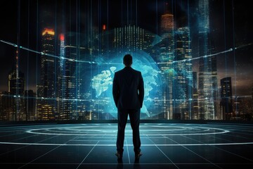 Obraz premium Back view of businessman looking at planet hologram against night cityscape, Businessman standing in front of a digital big screen hologram showing business data, rear view, AI Generated
