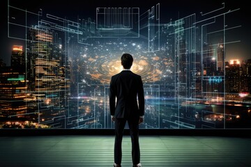 Back view of businessman looking at virtual panel with cityscape at background, Businessman standing in front of a digital big screen hologram showing business data, rear view, AI Generated