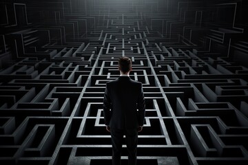 Businessman standing in a middle of a maze with a solution concept, Businessman standing in front of a large maze on a Black background, AI Generated
