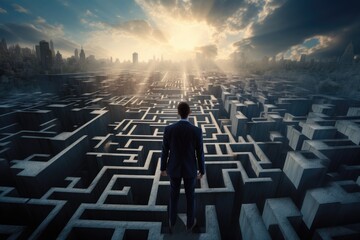 Businessman standing in front of a maze and looking at the sun, Businessman standing on top of a maze looking at the way to success, AI Generated