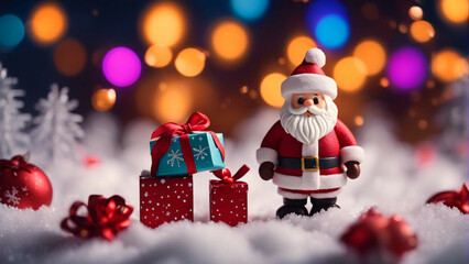 Fototapeta na wymiar Miniature santa claus with christmas gifts.