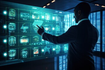 Back view of businessman touching icon of media screen against futuristic glowing background, Businessmen hand select the icon Data Privacy on the virtual display, AI Generated