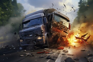 Truck on the road during a violent accident. Collage. Car crash accident with TIR truck on road, AI Generated - obrazy, fototapety, plakaty