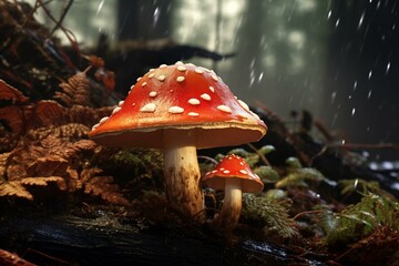 Enchanting fungus in dim woodland. Imaginary scene. Magical toadstool with raindrops. Innovatively rendered. Generative AI
