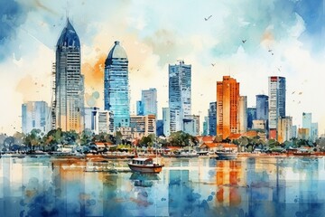 Cityscape in Bangkok with watercolor style and impressionist painting. Generative AI - obrazy, fototapety, plakaty