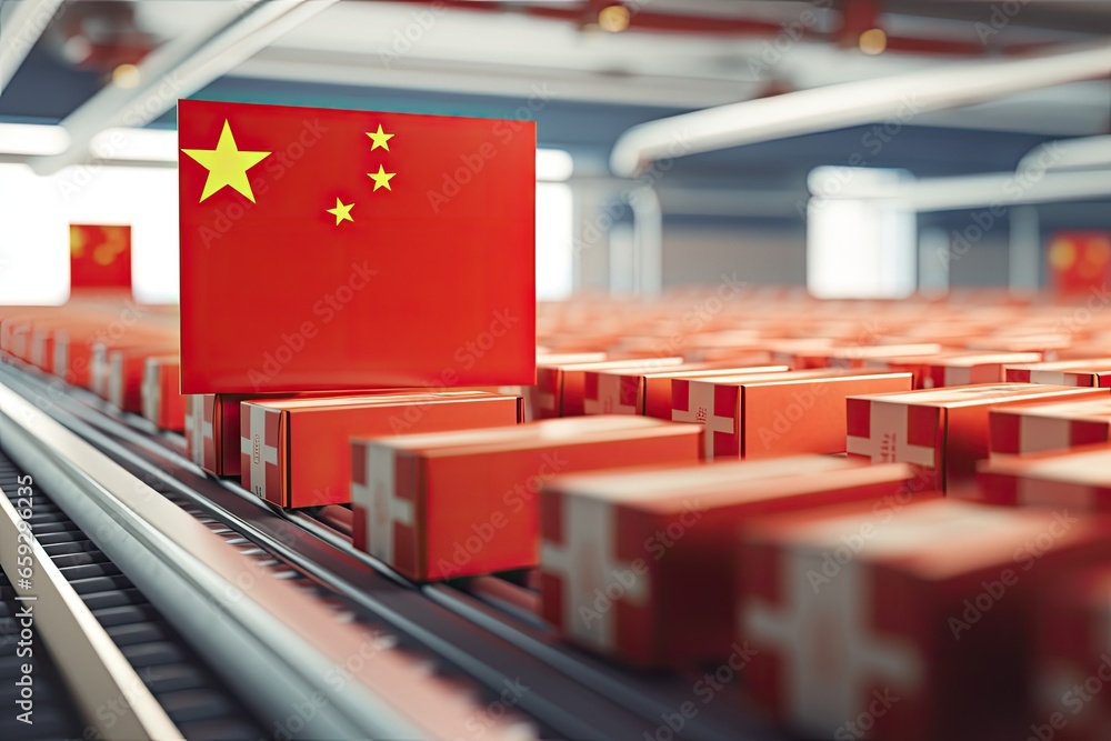 Poster china flag on a factory conveyor belt. 3d rendering, cardboard boxes with red color chinese flag on 