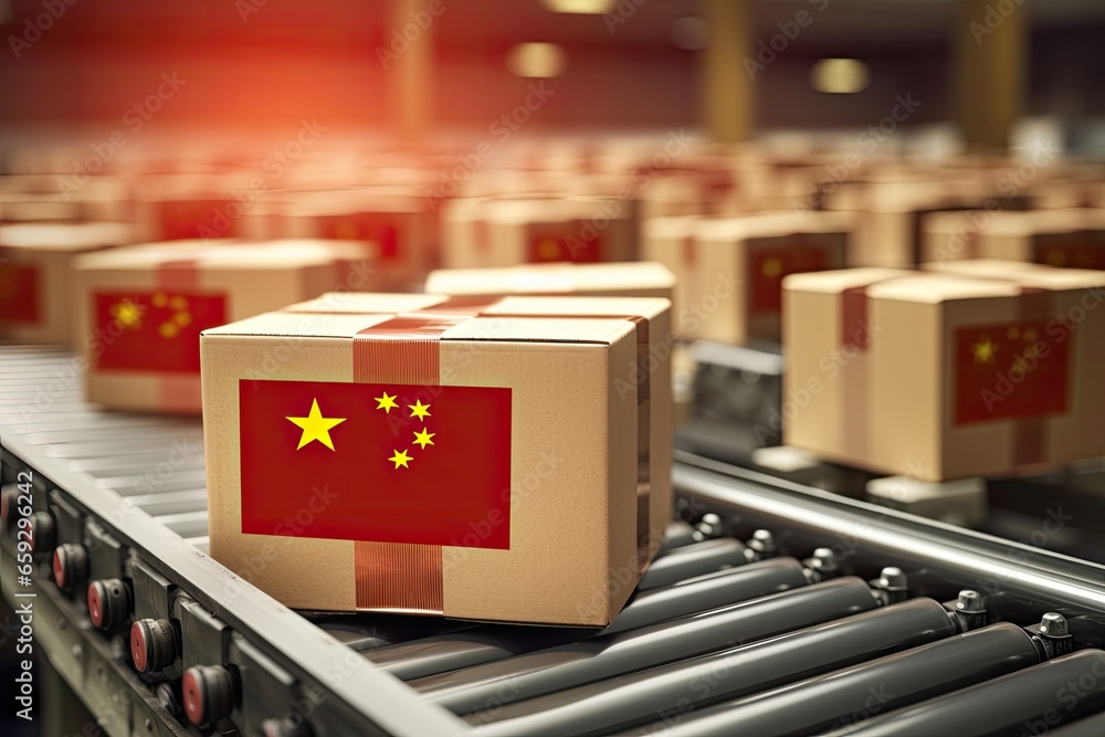 Poster boxes with china flag on the conveyor belt. 3d render, cardboard boxes with text made in china and c
