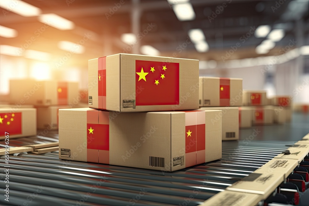 Aufkleber boxes with flag of china on the conveyor belt. 3d rendering, cardboard boxes with text made in china