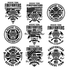 Naklejka premium Firefighters set of vector emblems, logos, badges or labels design illustration in monochrome style isolated on white background