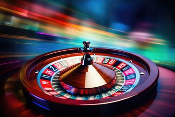 Obraz premium Casino roulette wheel on a colorful background. 3d rendering, Casino roulette wheel in motion on a colorful background, AI Generated