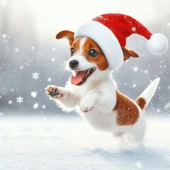 Ein Jack Russel Hund an Weihnachten im Feld aus Schnee