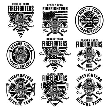 Firefighters set of vector emblems, logos, badges or labels design illustration in monochrome style isolated on white background