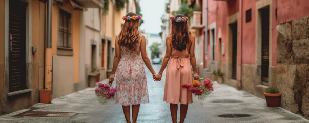 couple of lesbian women holding hands walking through the village, generative ai