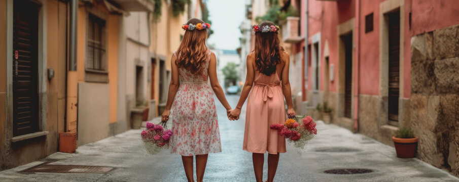 couple of lesbian women holding hands walking through the village, generative ai