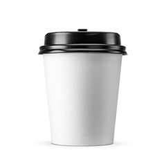 Takeaway paper cup with plastic lid for hot beverages isolated. Transparent PNG image.