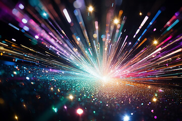Abstract fancy and festive background of sparkles, rainbow spectrum, chromatic aberration, shiny light and lens flare. Black background with copy space. Generative AI