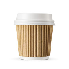 Brown paper small espresso coffee cup with white plastic lid and cardboard sleeve isolated. Transparent PNG image.