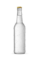 Water in long neck glass bottle with water droplets and ice crystals isolated. Transparent PNG image. - obrazy, fototapety, plakaty