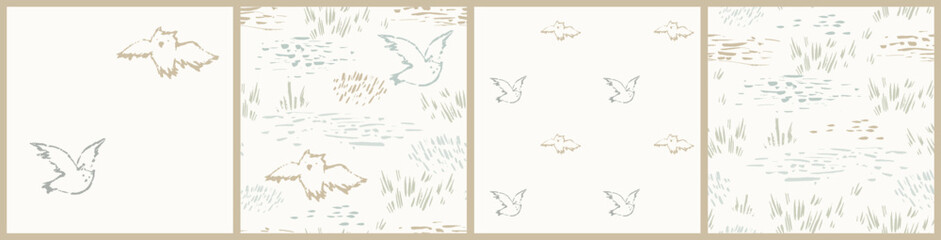Owls and meadow seamless, pattern. Hand drawn forest landscape. Bird in woodland vector