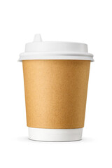 Takeaway brown Kraft paper cup for hot beverages isolated. Transparent PNG image.