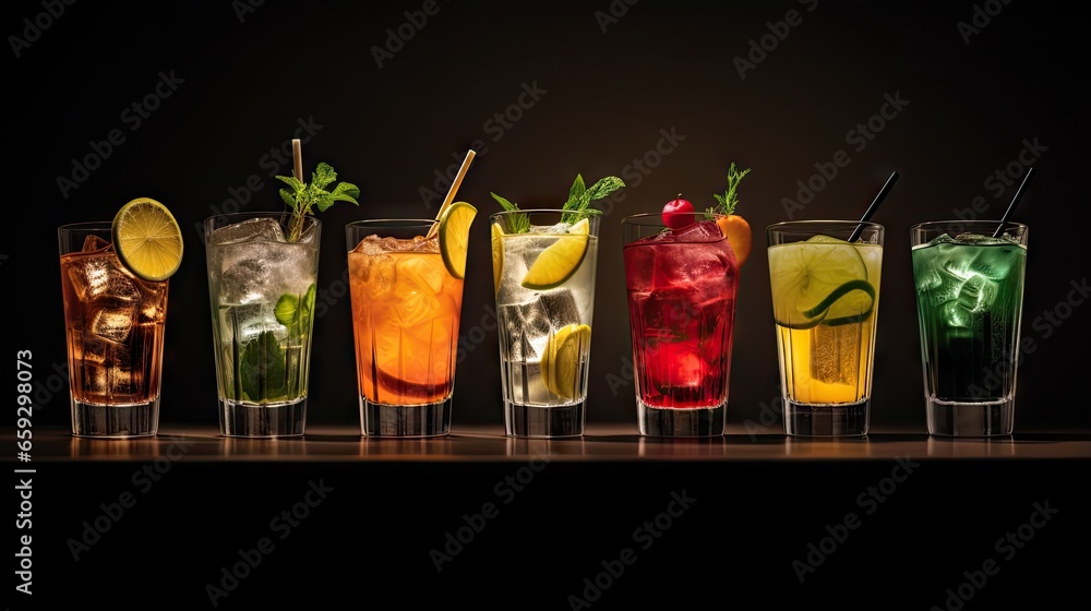 Poster classic drink menu concept featuring a variety of cocktails served on a dark background viewed from 