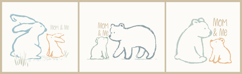 Mom and baby cute t-shirt print. Hand drawn forest family. Mother and kid vector