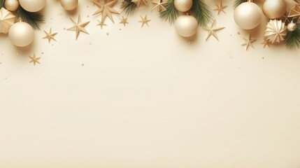 Boho Christmas banner design with balls stars fir branches on beige background Flat lay top view space for text - obrazy, fototapety, plakaty