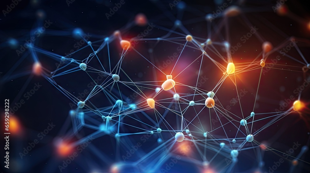 Poster Colorful abstract background with mesh elements illustrating neural connections in AI on a global 3D network