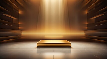 3D illustration of an interior room with a shiny spotlight on a luxury gold product display box