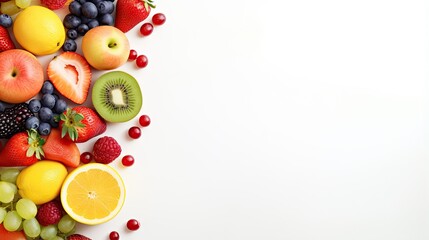 Naklejka na ściany i meble Bird s eye view of vibrant fruits on white background text space available selective focus