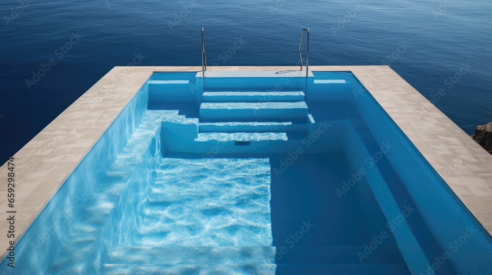 Aufkleber Bird s eye view of rectangular pool with transparent water stairs and cobblestone poolside