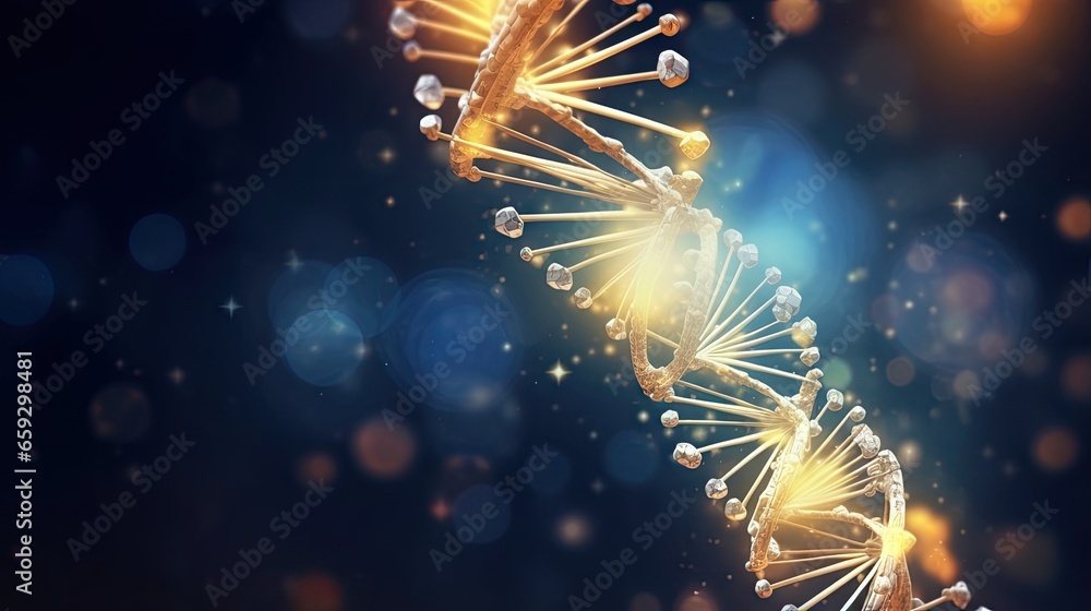 Poster Creating a DNA molecule using particles Digital DNA concept Glow in DNA code structure Research on medicine genetics and biology