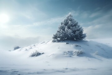 Fototapeta na wymiar Festive tree on snowy mound, capturing holiday ambiance. Ample space for customization. Generative AI