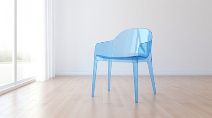 Blue plastic chair in white room with wood floor