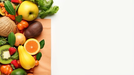 Naklejka na ściany i meble Assorted tropical produce for healthy eating and grocery shopping Overhead view Flat lay