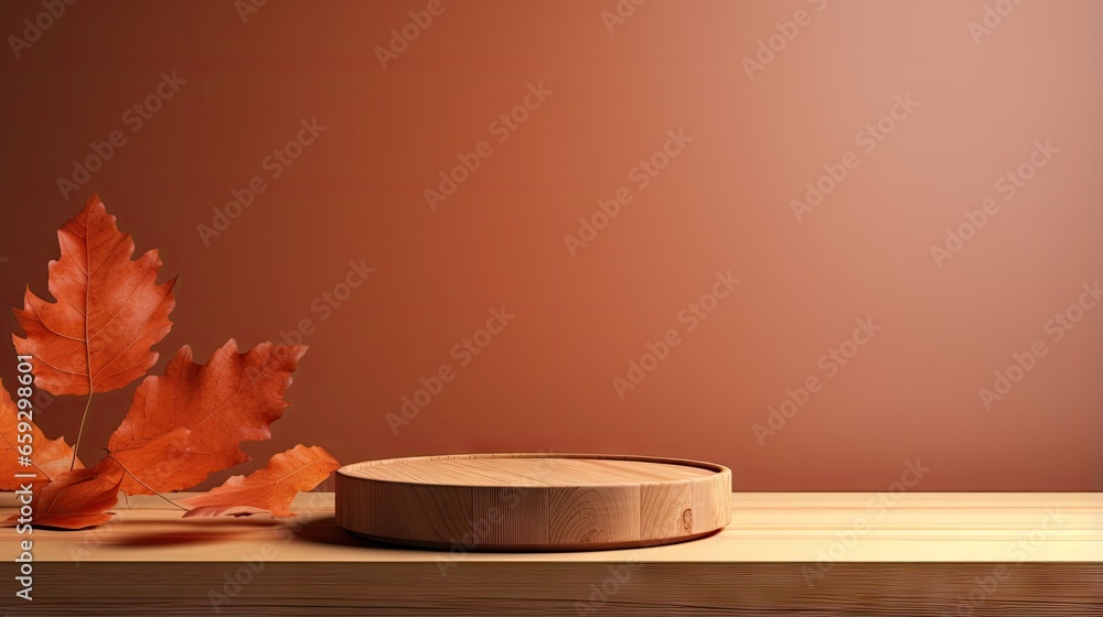 Poster autumn themed cosmetic display on wooden platform with 3d background and copy space