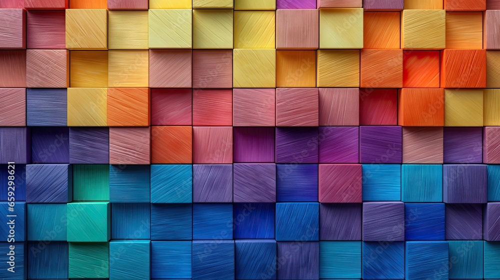 Poster Abstract arrangement of colorful wooden blocks symbolizing a spectrum of creativity