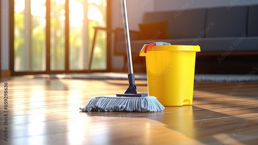 Poster cleaning tools bucket and mop on home floor with room for text