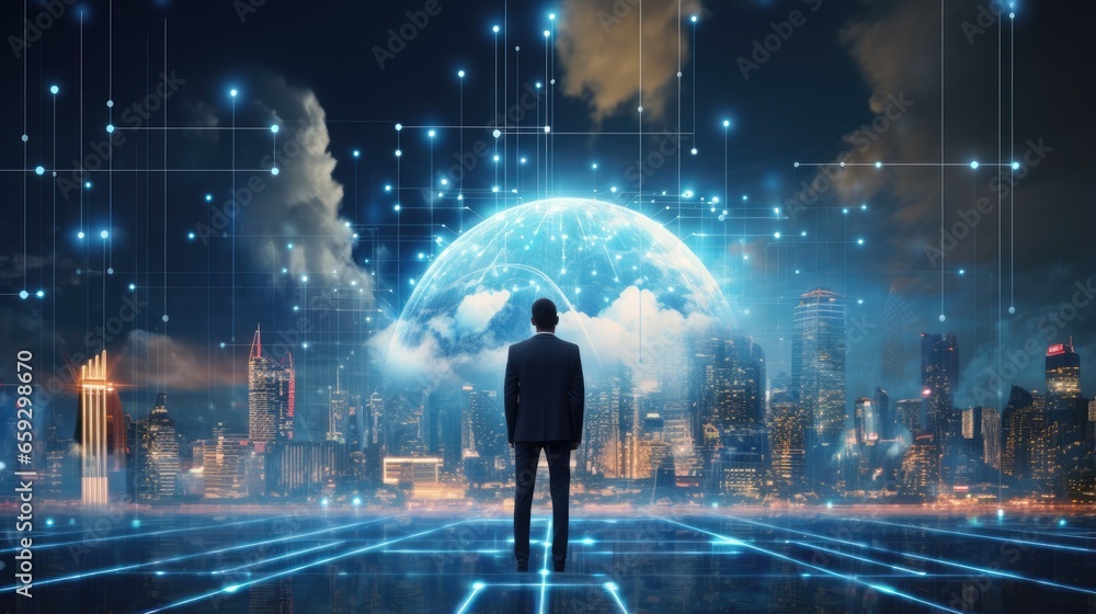 Poster Cloud computing network cyberspace The future of technology 5G and global business working towards saving the world with an automated and programmable infrastructure as a businessman connects t