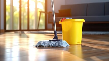 Cleaning tools bucket and mop on home floor with room for text