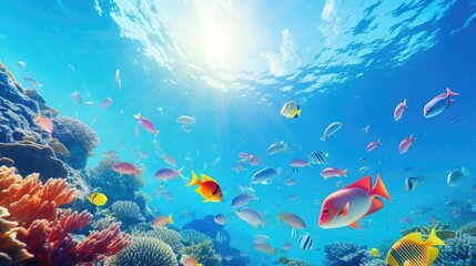 Naklejka na ściany i meble Colorful underwater world with coral reef a vibrant shoal of tropical fish ideal as background wallpaper with space for text