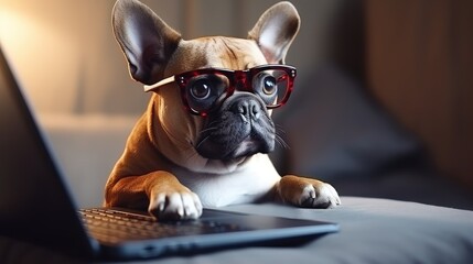 Cute dog in front of laptop exploring online world