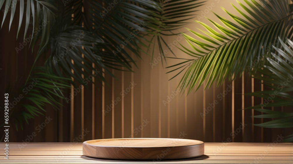 Poster 3d render of empty space on wooden stand with tropical leaves on brown background for product displa