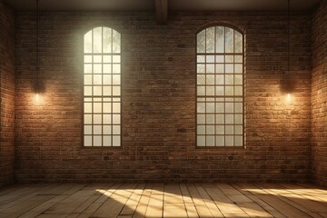 Sunlit room with vintage brick walls, spacious windows, and dim lighting. Exudes an ambiance of emptiness. Created using 3D rendering. Generative AI