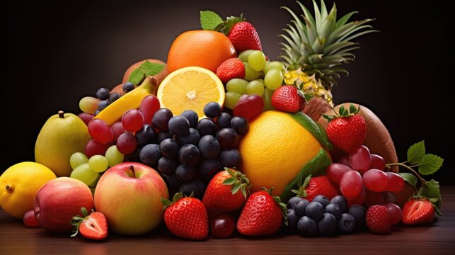 Assorted and colorful fresh fruits representing healthy eating against a fruity backdrop
