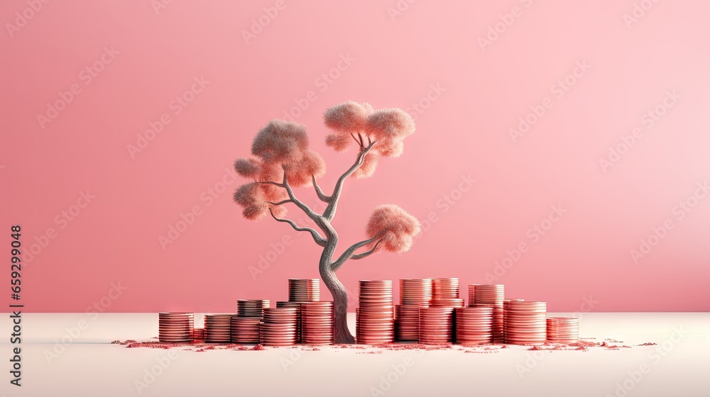 Aufkleber coin stacks with growing trees on a pink background representing business investment and saving mone